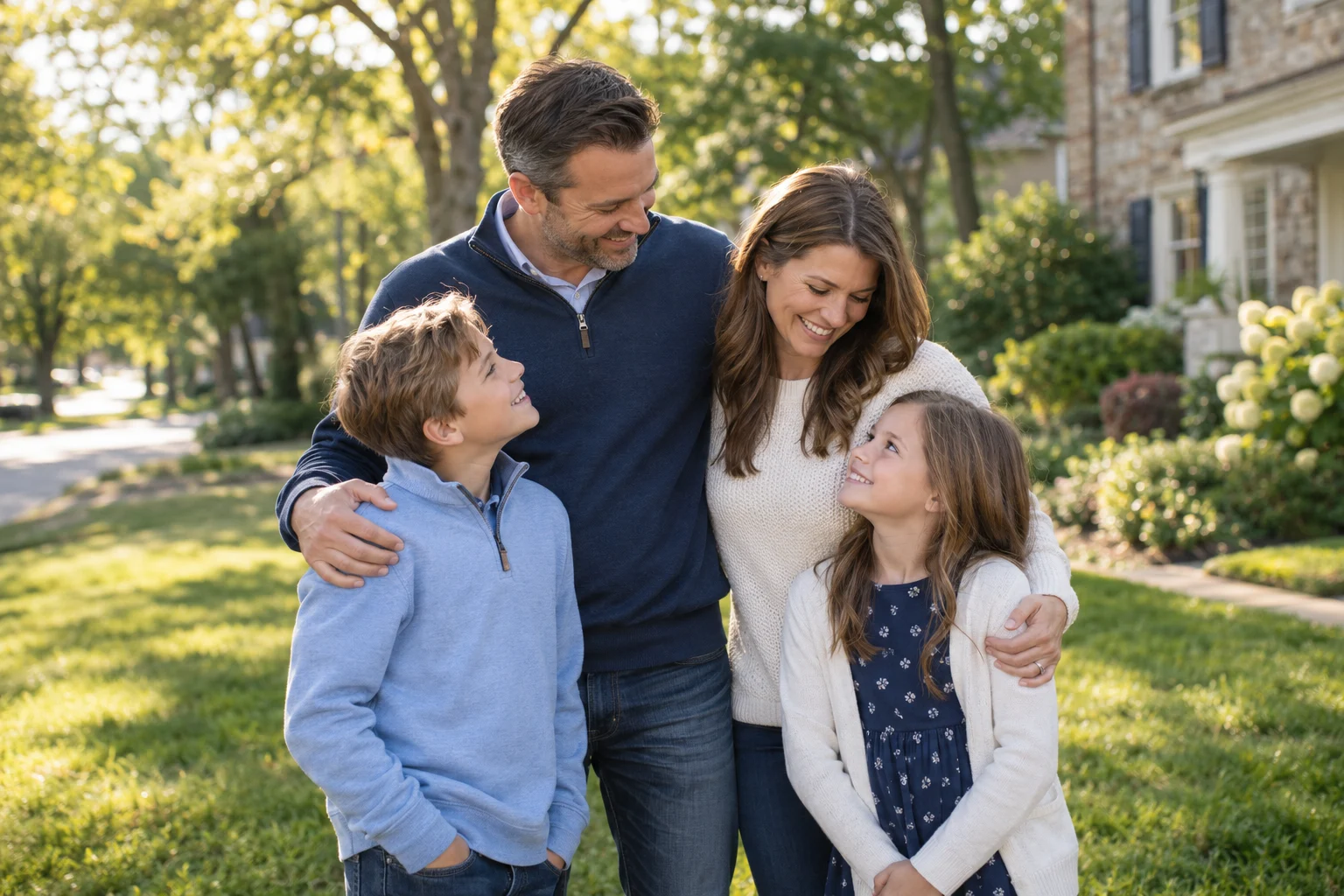 Parents and their two school-age children enjoying a quiet moment outside their home.